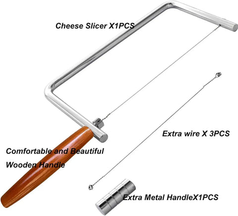 7.5 Inch Badass Cheese Slicer Kit Stainless Steel Wire Cutter With Wood Handle Killer Sharpness, includes extra wires.