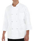 Mens Three Quarter Sleeve Chef Jacket Double Breasted Kitchen Workhorse Pre Shrunk Stain Release Coat With Tough Pearl Buttons And Left Chest Pocket Built To Slay Every Shift In Crisp White Two Piece Sleeve Design, front view.