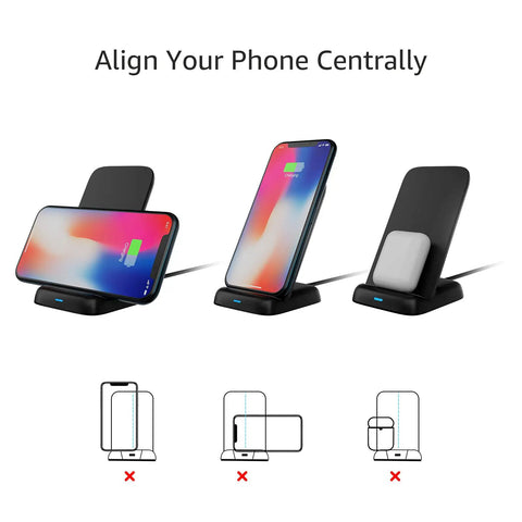 10W Qi Wireless Charging Stand For Phones Dope Desktop Dock With 10W For Samsung And LG And 7.5W For IPhone USB Cable Included Black with phones aligned vertically and horizontally