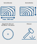 Dimensions and features of Heavy Duty Workhorse Circular Saw Featuring Knockout 2000 Watt Power Output And Slick Smooth Cutting Action.