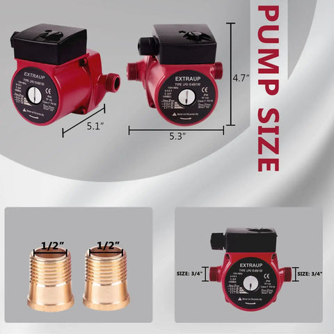 Three Quarter Inch Npt 110V Hot Water Circulation Pump 3 Speed Quiet Circulator For Home Hydronics Max Head Six Meters Flow Up To Thirty Liters Per Minute Lightweight Aluminum Housing Easy Install Low Noise shown with size measurements and fittings