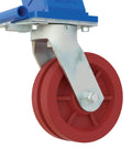 Heavy Duty Adjustable Height Steel Gantry Crane With V Groove Ductile Casters close-up of red ductile caster wheel for mobility.