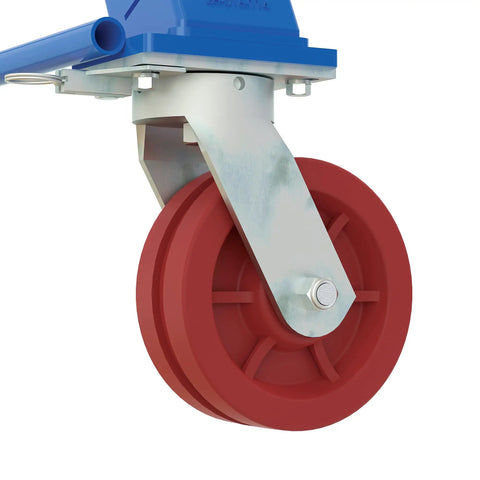 Heavy Duty Adjustable Height Steel Gantry Crane With V Groove Ductile Casters close-up of red ductile caster wheel for mobility.