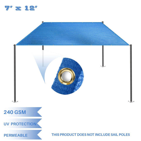7 Foot By 12 Foot Sun Shade Sail With Straight Edge 240GSM Canopy Shade Cover Featuring D Ring Grommets UV Block Breathable Outdoor Shade For Pergola Garden Patio Deck Backyard Blue displayed with D-Ring and UV protection features.