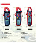 Diagram of UT210D Mini Clamp Meter For AC/DC Current Testing with labeled components and display features