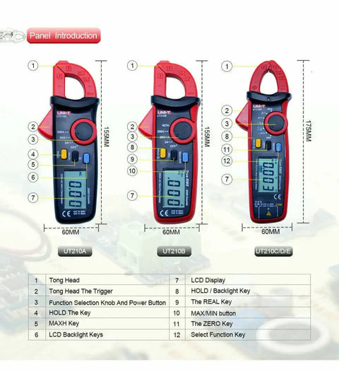 Diagram of UT210D Mini Clamp Meter For AC/DC Current Testing with labeled components and display features