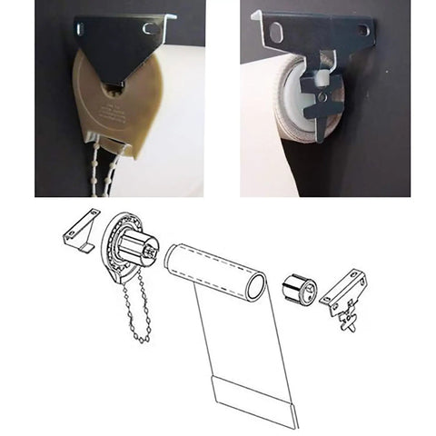 Rock-Solid R16 Roller Shade Brackets Set Of 2 White Metal Curtain Rod Mounts For Indoor Outdoor Heavy-Duty Durable clutch support hardware detailed installation view.