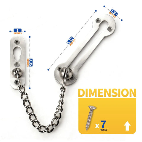 Beefy Heavy Duty Screen Door Latch 304 Stainless Steel with welded chain and silver finish, dimensions shown.