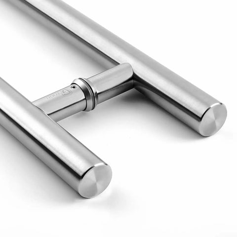 Close-up of Heavy Duty 18 Inch Stainless Steel Door Pull Handle Built Tough With Solid Mounting Standoffs For Commercial Use Gate And Shower Doors 304 Stainless Brushed Nickel Finish Rust Resistant Easy Install showing sleek brushed nickel finish