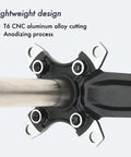 Close-up of 104 BCD Four Arm Mountain Bike Crankset with Chainring BSA Bottom Bracket Spindle showing T6 aluminum alloy
