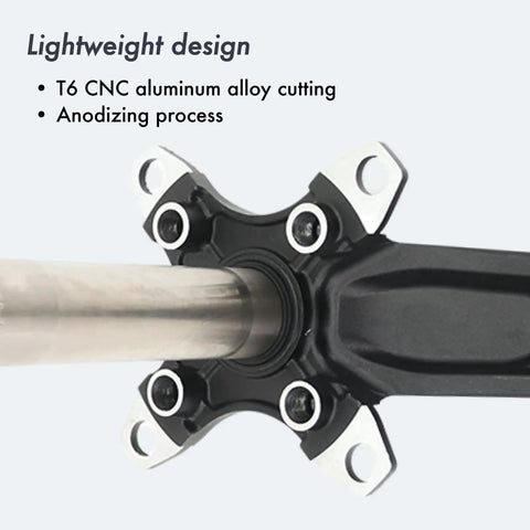 Close-up of 104 BCD Four Arm Mountain Bike Crankset with Chainring BSA Bottom Bracket Spindle showing T6 aluminum alloy