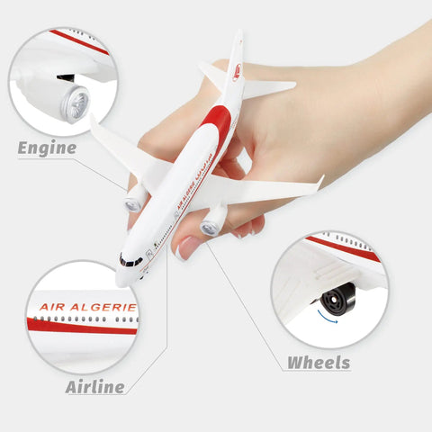 Hand holding Algerie 1/400 Plastic Airplane Model For Collectors And Display, showing detailed engines and airline logo close-ups.