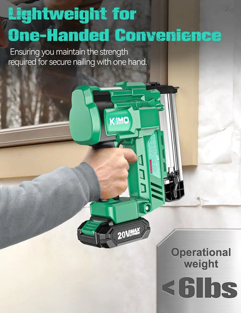 Heavy Duty 2 Inch Cordless Brad Nailer And Stapler Combo 18 Gauge 20V Power Tool displayed for one-handed use with less than 6 lbs operational weight.