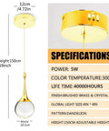 Gold Crystal Teardrop Pendant Light For Kitchen Island Adjustable Height in brushed brass with 4” crystal globe and 59” adjustable chain.