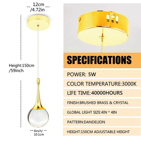 Gold Crystal Teardrop Pendant Light For Kitchen Island Adjustable Height in brushed brass with 4” crystal globe and 59” adjustable chain.