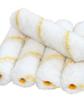 Pro Grade 6 Inch Mini Paint Roller Covers 1/2 Inch Nap Nylon Pack Of 50, stacked view, white with yellow stripe, DIY home improvement tools.
