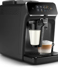 Fully Automatic Espresso Machine With LatteGo Milk Frother Delivers Barista Grade Cappuccino At The Push Of A Button Featuring Ceramic Grinder And AquaClean Filter Easy Peasy For A Total Game Changer In Black, showing milk frother and cappuccino.