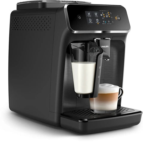 Fully Automatic Espresso Machine With LatteGo Milk Frother Delivers Barista Grade Cappuccino At The Push Of A Button Featuring Ceramic Grinder And AquaClean Filter Easy Peasy For A Total Game Changer In Black, showing milk frother and cappuccino.