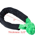 Close-up of green soft shackle with protective sleeve, 7-inch length, 1/2-inch thickness, part of Four Pack Heavy Duty Green Synthetic Soft Shackle Ropes.