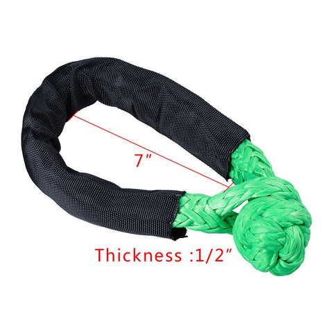 Green synthetic soft shackle with protective sleeve, 1/2 inch thick, for off-road vehicles winching 41,000 lbs
