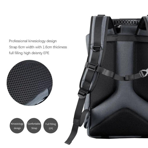 Back view of large capacity camera backpack with padded straps and breathable mesh for comfort, professional kinesiology design