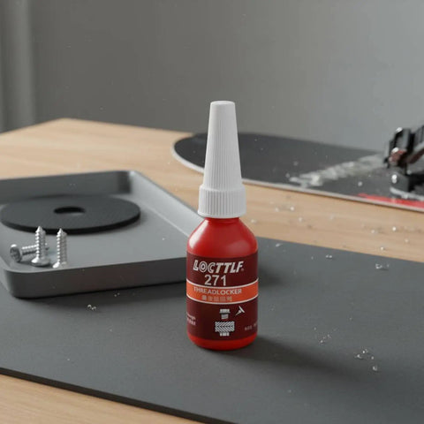 Heavy Duty Snowboard Binding Screws With Anti Loosening Locking Patches For No Sweat Mounting And Hella Solid Grip On Every Standard Disc Board You Rip This Season, with threadlocker bottle in focus.