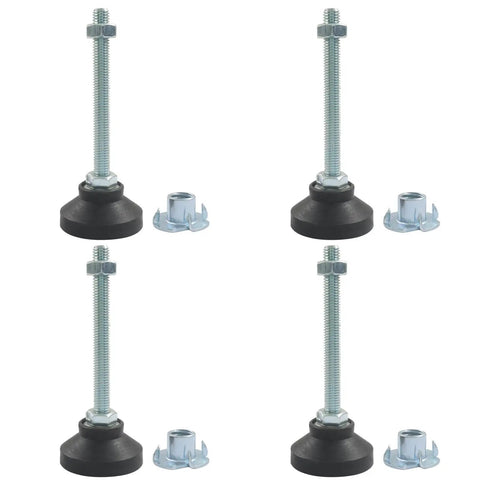 Heavy Duty M10 Thread Adjustable Furniture Leveling Feet Solid Steel Nylon Legs With Thick Rubber Bottoms Set of 4 displayed together.