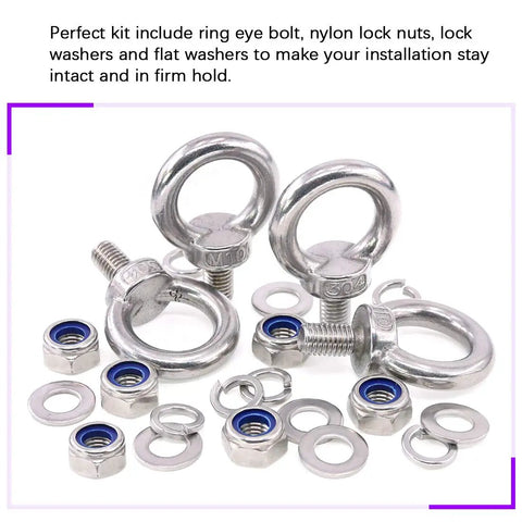Heavy Duty 304 Stainless Steel M10 Eye Bolts Lifting Ring Kit With Four Eye Bolts And Six Lock Nuts Plus Lock Washers And Flat Washers For Marine And Industrial Lifting Projects No Nonsense, with bolts and washers