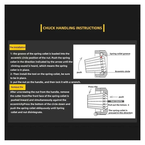 Chuck handling instructions showing how to install and remove spring collets for precision CNC work.