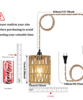 Straight Up Chic Boho Woven Rattan Plug In Pendant Ceiling Light Casting Dreamy Art Deco Wall Shadows And Bringing Super Chill Vibes To Every Cozy Room Today, showing dimensions with measurements.