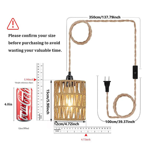 Straight Up Chic Boho Woven Rattan Plug In Pendant Ceiling Light Casting Dreamy Art Deco Wall Shadows And Bringing Super Chill Vibes To Every Cozy Room Today, showing dimensions with measurements.