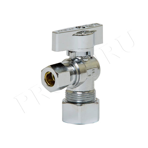 Heavy Duty Angle Stop Valve Half Inch Nominal Inlet Five Eighths Inch OD To Three Eighths Inch OD Compression Quarter Turn Shut Off Lead Free