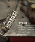 Beefed Up Pro Grade Tungsten Carbide Rotary Burr Set for Die Grinders One Quarter Inch Shank SB Three Double Cut Bits in use.