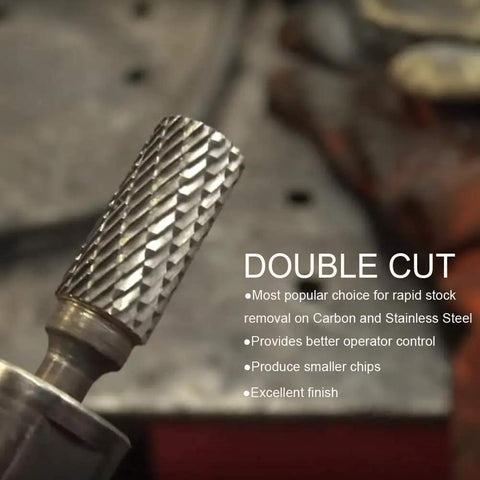 Beefed Up Pro Grade Tungsten Carbide Rotary Burr Set for Die Grinders One Quarter Inch Shank SB Three Double Cut Bits in use.