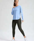 Woman wearing Women's UPF 50+ Long Sleeve Sun Shirt, Lightweight Quick Dry, UV Protection For Hiking And Outdoor Workouts, Haze Blue, XL