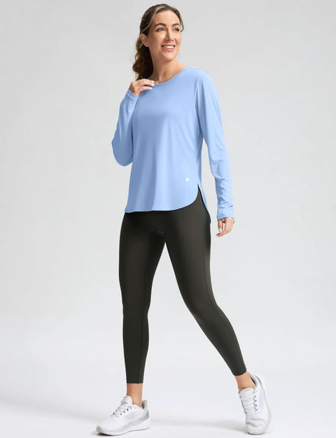 Woman wearing Women's UPF 50+ Long Sleeve Sun Shirt, Lightweight Quick Dry, UV Protection For Hiking And Outdoor Workouts, Haze Blue, XL