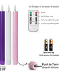 Flickering Flameless Taper Candles With Remote, 10 Inch LED Candlesticks in purple, white, pink with features and dimensions