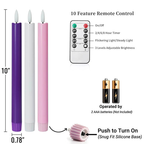 Flickering Flameless Taper Candles With Remote, 10 Inch LED Candlesticks in purple, white, pink with features and dimensions