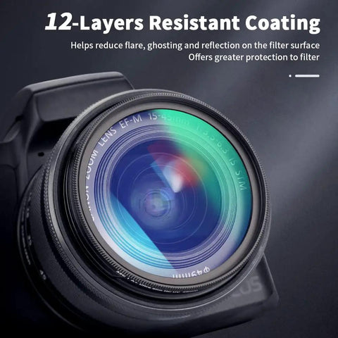 Close-up of camera with 58mm UV Filter For Canon And Fujifilm Lenses With 58mm Thread Multi Coated Japanese Optical Glass Shields Against Dust Moisture And Scratches Keeps Your Glass Clean And Cuts Blue Cast For Canon EOS Rebels And Fuji X Series Kit Lenses