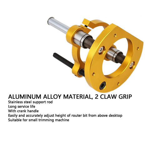 Adjustable Router Lift For 63.5-65mm Diameter Universal Trimming Machines In Aluminum Alloy Under-Table Base Clamping Lifting System With Slick Height Adjustment And Gold Finish, 2-claw grip
