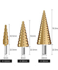 Heavy Duty Steel Twist Step Drill Bit Kit With Serrated Edges For Metal And Woodworking. This 6 Piece Saw Set Comes In 4 To 32mm Sizes To Punch Perfect Holes Fast. A Must Have Tool For Pros Who Need Reliable Hole Opener Performance Anywhere. 4~12mm, 4~20mm, 4~32mm step bits