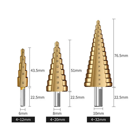 Heavy Duty Steel Twist Step Drill Bit Kit With Serrated Edges For Metal And Woodworking. This 6 Piece Saw Set Comes In 4 To 32mm Sizes To Punch Perfect Holes Fast. A Must Have Tool For Pros Who Need Reliable Hole Opener Performance Anywhere. 4~12mm, 4~20mm, 4~32mm step bits