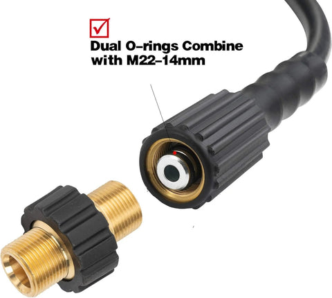 Two brass pressure-washer quick-disconnect adapters with black ribbed collars (M22 threads)