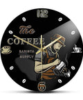 Barista Coffee Wall Clock 12 Inch Acrylic Print Battery Operated Silent Quartz Timepiece For Cafe Shop Decor Gift For Coffee Lovers