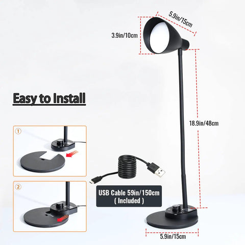 Led Desk Lamp With USB Charger And Three Color Temperature Twenty Brightness Levels Eye Caring Metal Desk Light For Office And Bedroom Ten Watt One Thousand Lumens Adapter Included with installation steps and USB cable.