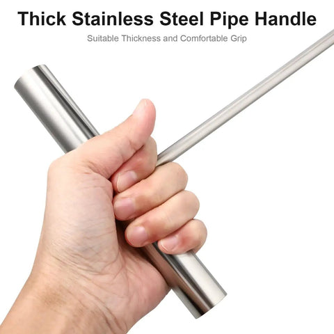 Close-up of hand gripping ergonomic handle of Stainless Steel T Hook Well Cover Hook For Manholes Pro Grade Heavy Duty Lift Tool.