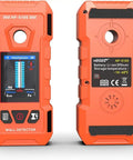 NOYAFA Upgraded Wall Detector, Rechargeable Stud Finder Wall Scanner showing front and back views with touchscreen display and battery specs.