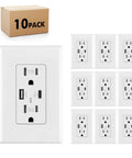 Plug And Play USB Outlet With Type C And Type A Dual Fast Charging Receptacle, 4.8A Total Output, 15A 125V Wall Socket, Tamper Resistant, Includes Wall Plate, 10 Pack, White. Image shows white wall sockets and packaging.