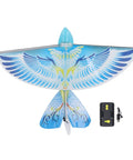 Flying RC Bird With Bionic Wings LED Lights 2.4GHz Remote USB Charging And Durable EPP Body For Indoor And Outdoor Mega Fun Stable Flight Crash Resistant Realistic Feels Blue, top view with remote and charger shown.