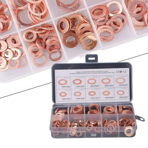 Heavy Duty 200 Piece Red Copper Flat Washer Assortment Kit Metric Sizes M5 To M14, copper washers in storage case
